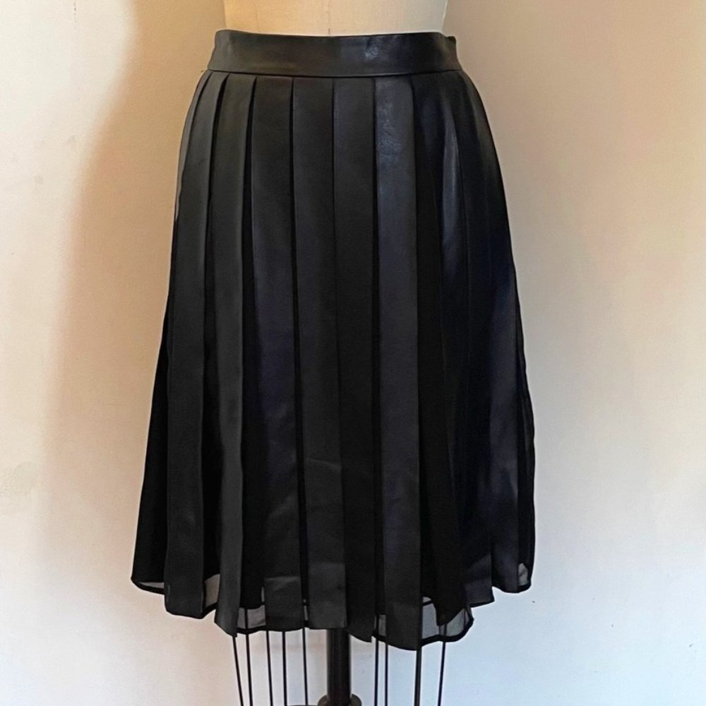 Calvin Klein Faux Leather/ Chiffon Pleated Midi Skirt, Size 2, Black